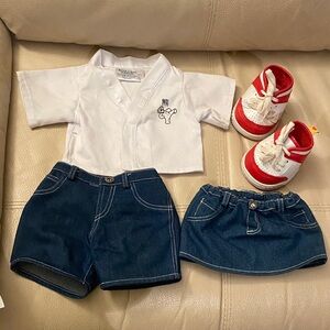 Build-A-Bear White Kimono Top with Dark Blue Denim Shorts, Skirt & Red Sneakers